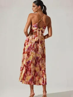Robe midi plissée à fleurs pour femme - Robe bohème à col en V et fines bretelles coupe évasée - Collection été plage 2026