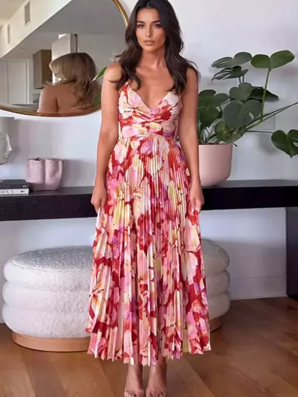 Robe midi plissée à fleurs pour femme - Robe bohème à col en V et fines bretelles coupe évasée - Collection été plage 2026