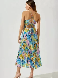 Robe midi plissée à fleurs pour femme - Robe bohème à col en V et fines bretelles coupe évasée - Collection été plage 2026