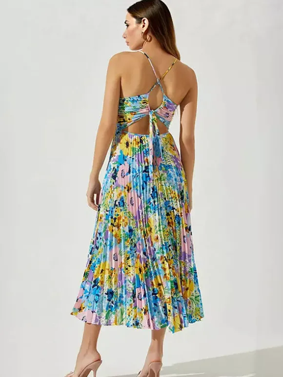 Robe midi plissée à fleurs pour femme - Robe bohème à col en V et fines bretelles coupe évasée - Collection été plage 2026