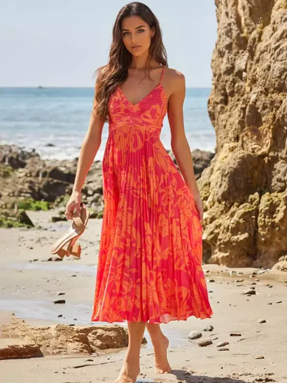 Robe midi plissée à fleurs pour femme - Robe bohème à col en V et fines bretelles coupe évasée - Collection été plage 2026