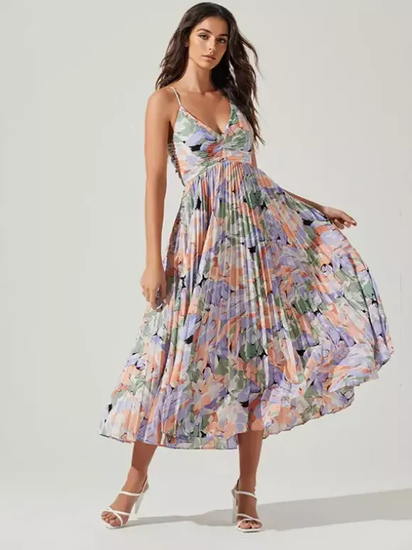 Robe midi plissée à fleurs pour femme - Robe bohème à col en V et fines bretelles coupe évasée - Collection été plage 2026