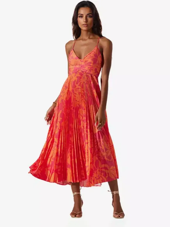 Robe midi plissée à fleurs pour femme - Robe bohème à col en V et fines bretelles coupe évasée - Collection été plage 2026