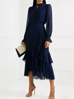 Robe midi plissée élégante pour femme - Robe en mousseline à volants superposés - Tenue d'invitée de mariage printanier 2026