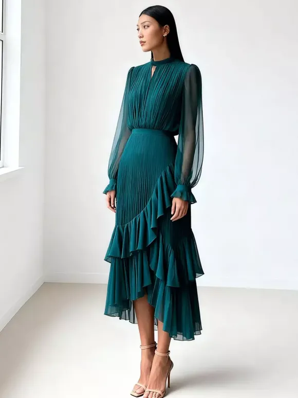 Robe midi plissée élégante pour femme - Robe en mousseline à volants superposés - Tenue d'invitée de mariage printanier 2026