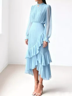 Robe midi plissée élégante pour femme - Robe en mousseline à volants superposés - Tenue d'invitée de mariage printanier 2026