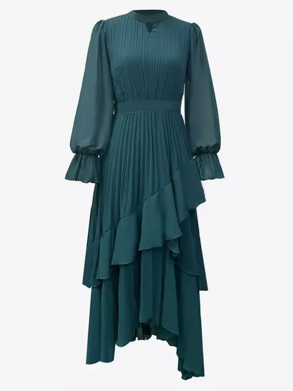 Robe midi plissée élégante pour femme - Robe en mousseline à volants superposés - Tenue d'invitée de mariage printanier 2026
