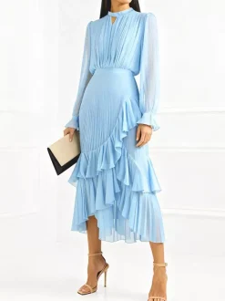 Robe midi plissée élégante pour femme - Robe en mousseline à volants superposés - Tenue d'invitée de mariage printanier 2026