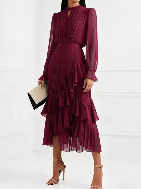 Robe midi plissée élégante pour femme - Robe en mousseline à volants superposés - Tenue d'invitée de mariage printanier 2026