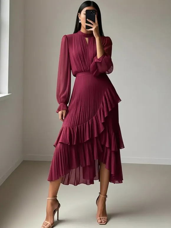 Robe midi plissée élégante pour femme - Robe en mousseline à volants superposés - Tenue d'invitée de mariage printanier 2026