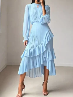 Robe midi plissée élégante pour femme - Robe en mousseline à volants superposés - Tenue d'invitée de mariage printanier 2026
