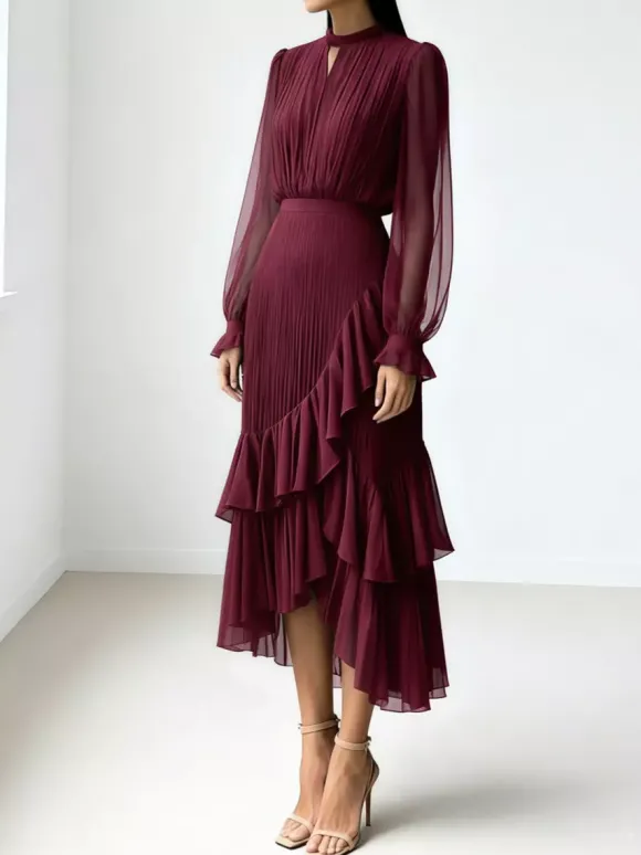 Robe midi plissée élégante pour femme - Robe en mousseline à volants superposés - Tenue d'invitée de mariage printanier 2026