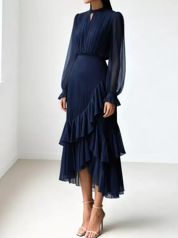 Robe midi plissée élégante pour femme - Robe en mousseline à volants superposés - Tenue d'invitée de mariage printanier 2026