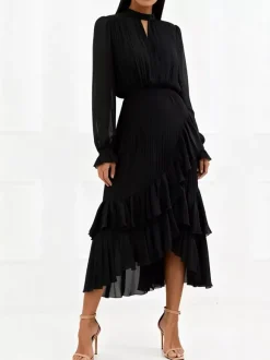 Robe midi plissée élégante pour femme - Robe en mousseline à volants superposés - Tenue d'invitée de mariage printanier 2026