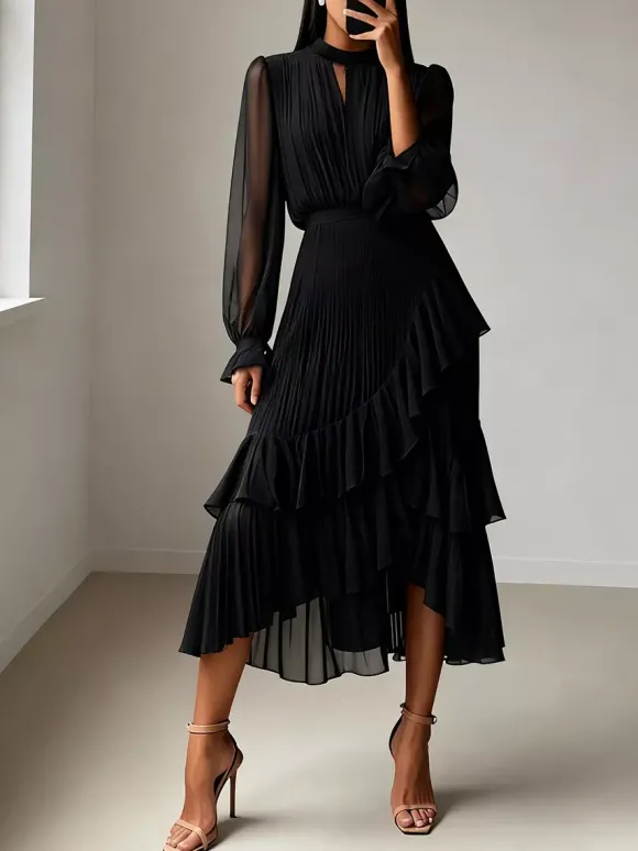 Robe midi plissée élégante pour femme - Robe en mousseline à volants superposés - Tenue d'invitée de mariage printanier 2026