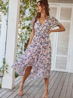 Robe midi portefeuille à imprimé floral pour femme - Robe courte à volants et coupe asymétrique - Tenue d'invitée pour un mariage d'été au jardin (collection 2026)