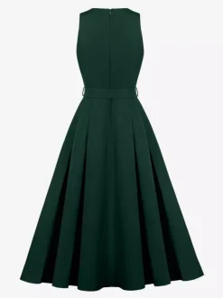 Robe midi sans manches à col en V et ceinture pour femme coupe trapèze boutonnée sur le devant