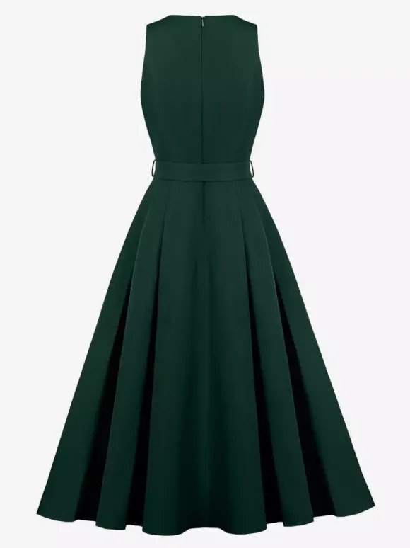 Robe midi sans manches à col en V et ceinture pour femme coupe trapèze boutonnée sur le devant
