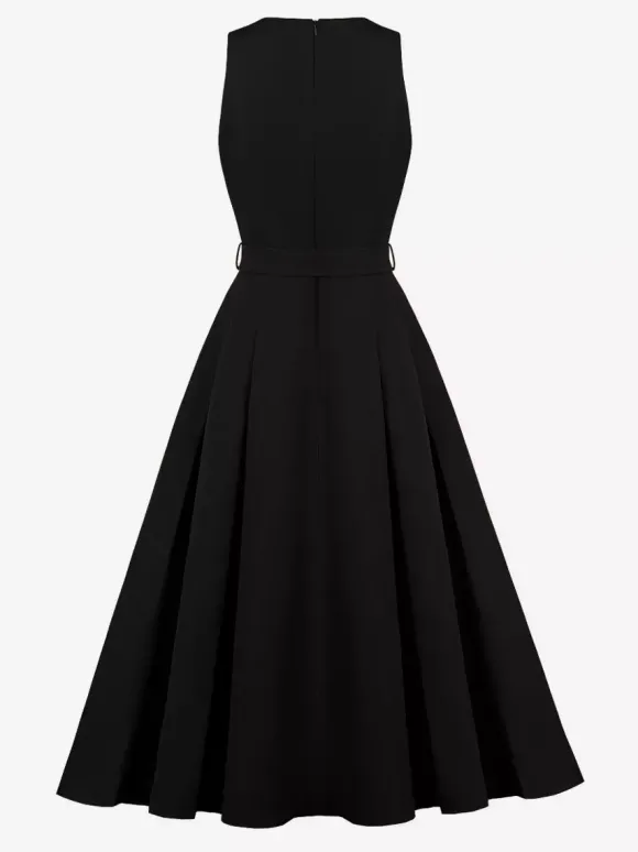 Robe midi sans manches à col en V et ceinture pour femme coupe trapèze boutonnée sur le devant