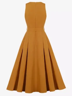 Robe midi sans manches à col en V et ceinture pour femme coupe trapèze boutonnée sur le devant