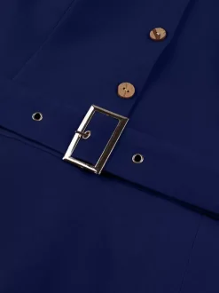 Robe midi sans manches à col en V et ceinture pour femme coupe trapèze boutonnée sur le devant