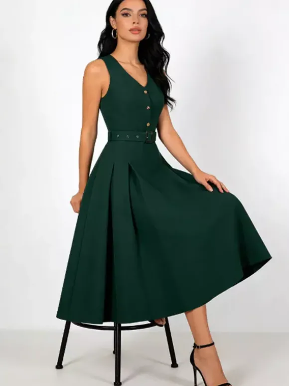 Robe midi sans manches à col en V et ceinture pour femme coupe trapèze boutonnée sur le devant