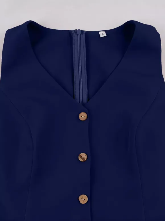 Robe midi sans manches à col en V et ceinture pour femme coupe trapèze boutonnée sur le devant