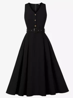 Robe midi sans manches à col en V et ceinture pour femme coupe trapèze boutonnée sur le devant