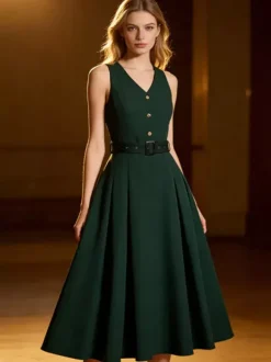Robe midi sans manches à col en V et ceinture pour femme coupe trapèze boutonnée sur le devant