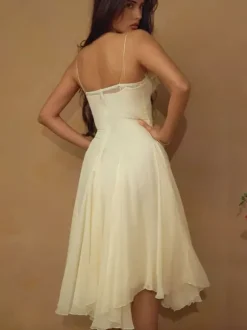 Robe midi transparente à imprimé floral 3D pour femme - Robe nuisette jaune beurre Fairycore à col en V - Idéale pour une soirée romantique à la plage en été 2026