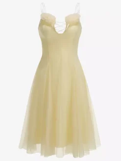 Robe midi transparente à imprimé floral 3D pour femme - Robe nuisette jaune beurre Fairycore à col en V - Idéale pour une soirée romantique à la plage en été 2026