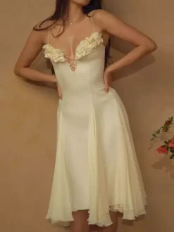 Robe midi transparente à imprimé floral 3D pour femme - Robe nuisette jaune beurre Fairycore à col en V - Idéale pour une soirée romantique à la plage en été 2026