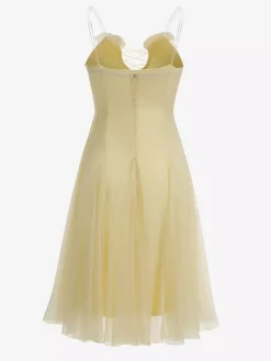 Robe midi transparente à imprimé floral 3D pour femme - Robe nuisette jaune beurre Fairycore à col en V - Idéale pour une soirée romantique à la plage en été 2026