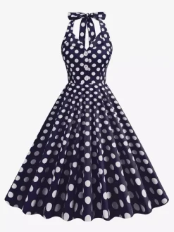 Robe midi trapèze à pois vintage années 1950 pour femme - Robe d'été rockabilly pin-up dos nu - Idéale pour un pique-nique de vacances 2026
