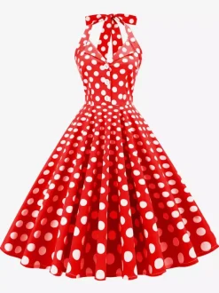 Robe midi trapèze à pois vintage années 1950 pour femme - Robe d'été rockabilly pin-up dos nu - Idéale pour un pique-nique de vacances 2026