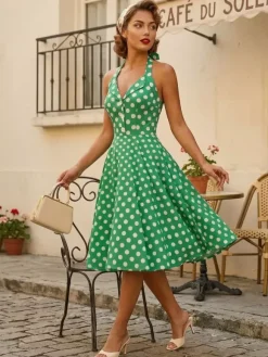 Robe midi trapèze à pois vintage années 1950 pour femme - Robe d'été rockabilly pin-up dos nu - Idéale pour un pique-nique de vacances 2026