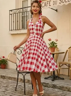 Robe midi trapèze à pois vintage années 1950 pour femme - Robe d'été rockabilly pin-up dos nu - Idéale pour un pique-nique de vacances 2026