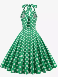 Robe midi trapèze à pois vintage années 1950 pour femme - Robe d'été rockabilly pin-up dos nu - Idéale pour un pique-nique de vacances 2026