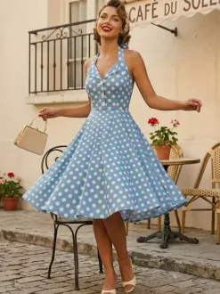 Robe midi trapèze à pois vintage années 1950 pour femme - Robe d'été rockabilly pin-up dos nu - Idéale pour un pique-nique de vacances 2026