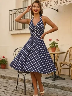 Robe midi trapèze à pois vintage années 1950 pour femme - Robe d'été rockabilly pin-up dos nu - Idéale pour un pique-nique de vacances 2026