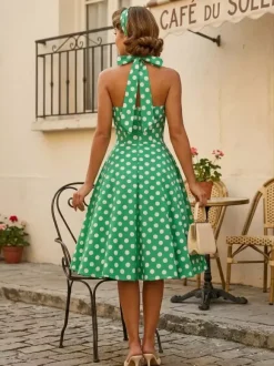 Robe midi trapèze à pois vintage années 1950 pour femme - Robe d'été rockabilly pin-up dos nu - Idéale pour un pique-nique de vacances 2026
