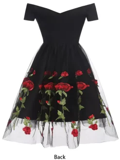 Robe midi trapèze vintage brodée de roses pour femme - Style années 50 épaules dénudées - Idéale pour un goûter d'été 2026