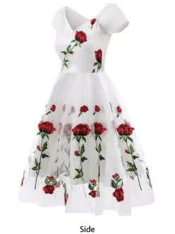 Robe midi trapèze vintage brodée de roses pour femme - Style années 50 épaules dénudées - Idéale pour un goûter d'été 2026