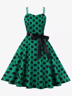 Robe midi trapèze vintage à pois pour femme - Robe d'été rockabilly trapèze ceinturée années 50 - Idéale pour les fêtes d'été 2026
