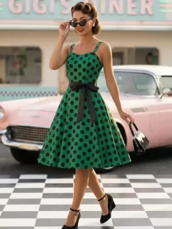 Robe midi trapèze vintage à pois pour femme - Robe d'été rockabilly trapèze ceinturée années 50 - Idéale pour les fêtes d'été 2026