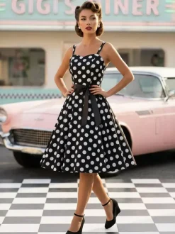 Robe midi trapèze vintage à pois pour femme - Robe d'été rockabilly trapèze ceinturée années 50 - Idéale pour les fêtes d'été 2026