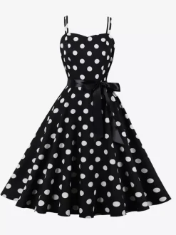 Robe midi trapèze vintage à pois pour femme - Robe d'été rockabilly trapèze ceinturée années 50 - Idéale pour les fêtes d'été 2026