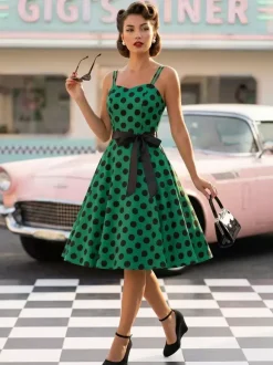 Robe midi trapèze vintage à pois pour femme - Robe d'été rockabilly trapèze ceinturée années 50 - Idéale pour les fêtes d'été 2026