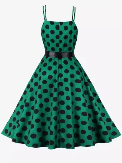 Robe midi trapèze vintage à pois pour femme - Robe d'été rockabilly trapèze ceinturée années 50 - Idéale pour les fêtes d'été 2026
