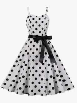 Robe midi trapèze vintage à pois pour femme - Robe d'été rockabilly trapèze ceinturée années 50 - Idéale pour les fêtes d'été 2026